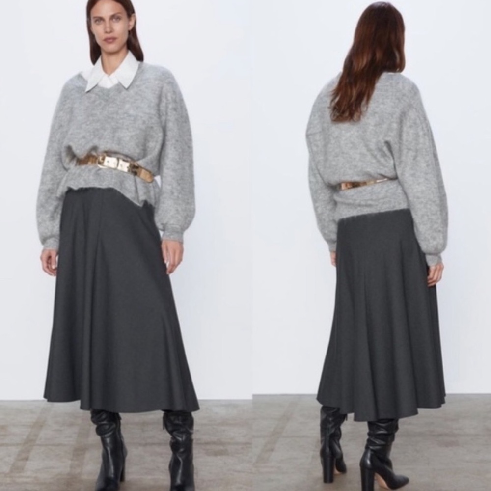 Zara ZW Collection Wool Melange Pleated Midi Skirt